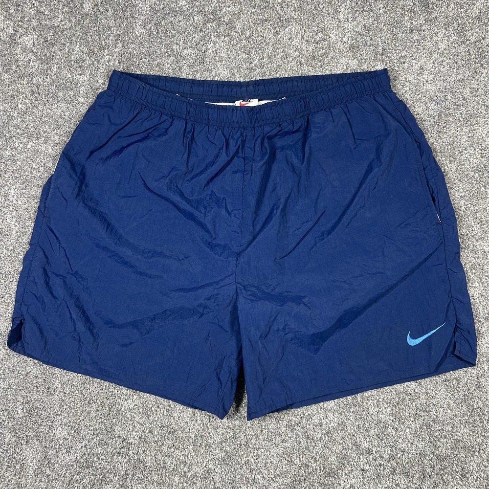 Vintage 90s Nike Nylon Board Shorts XL Blue Drawstring Mesh Pockets Swim Trunks